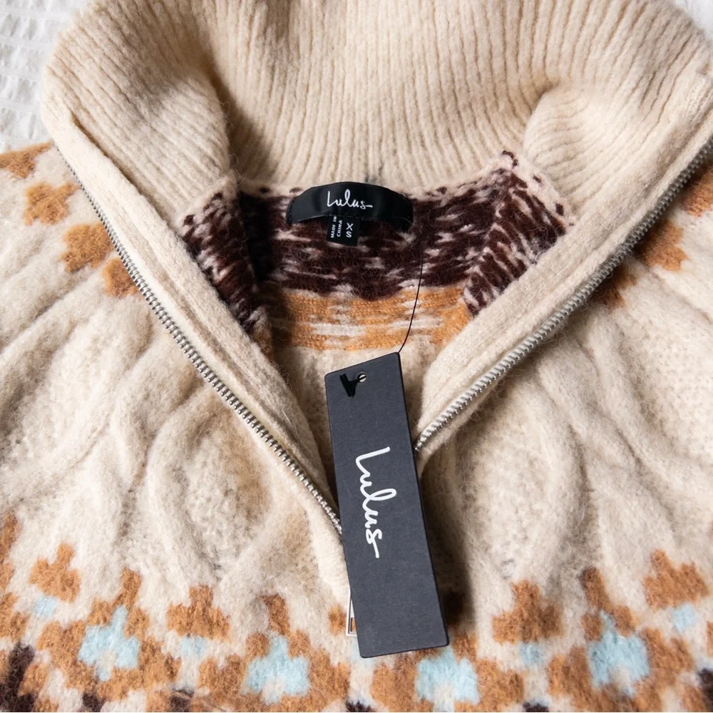 Lulu's Cream and Brown Patterned Turtleneck Sweater - Picture 2 of 9